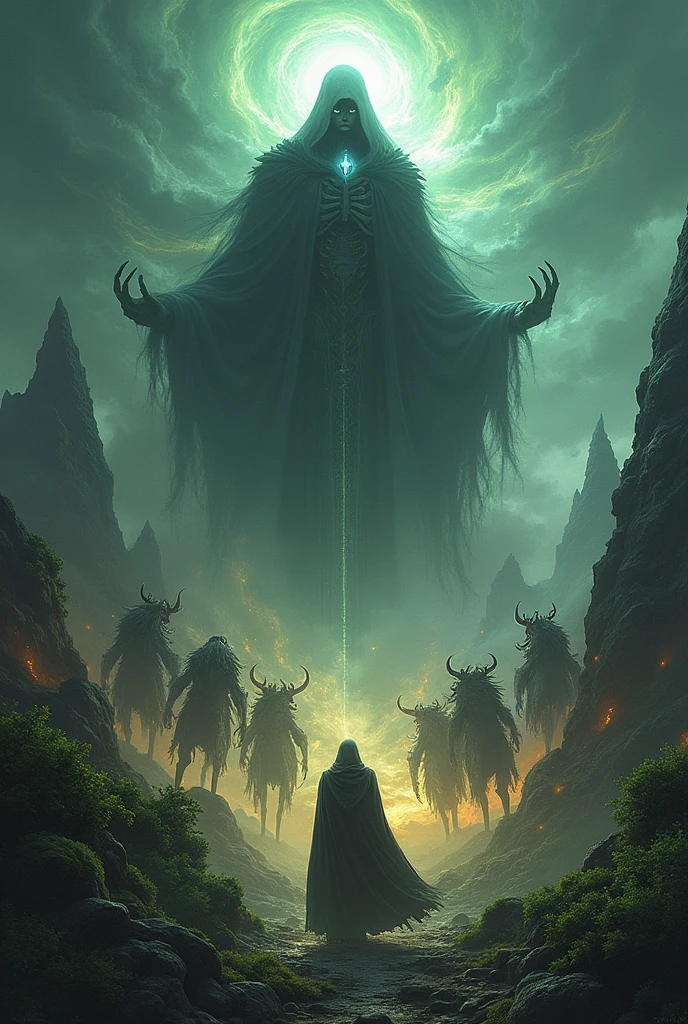 A god of death summoning demons to attack another god of nature