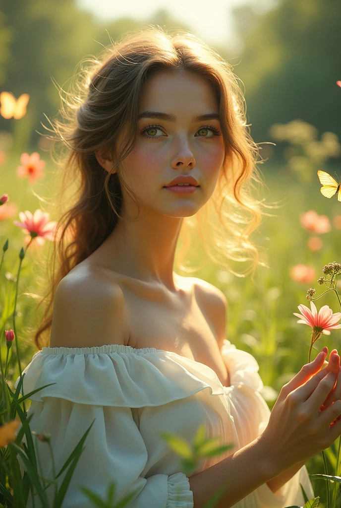 ,masterpiece, best quality,8k, ultra highres,Reallightandshadow,Cinema lenses,(beautidful eyes:1.1), ((The scene is,The upper part of the body)),dynamicposes,On a green meadow,A gentle goddess came with a gentle step。She wore a white dress,A gentle breeze blows,The skirt dances lightly。The sun shines through the leaves on her hair,Reflecting her clear eyes and gentle smile。Colorful butterflies flew around her,Flowers bloomed at her feet,It was as if nature was cheering for her。