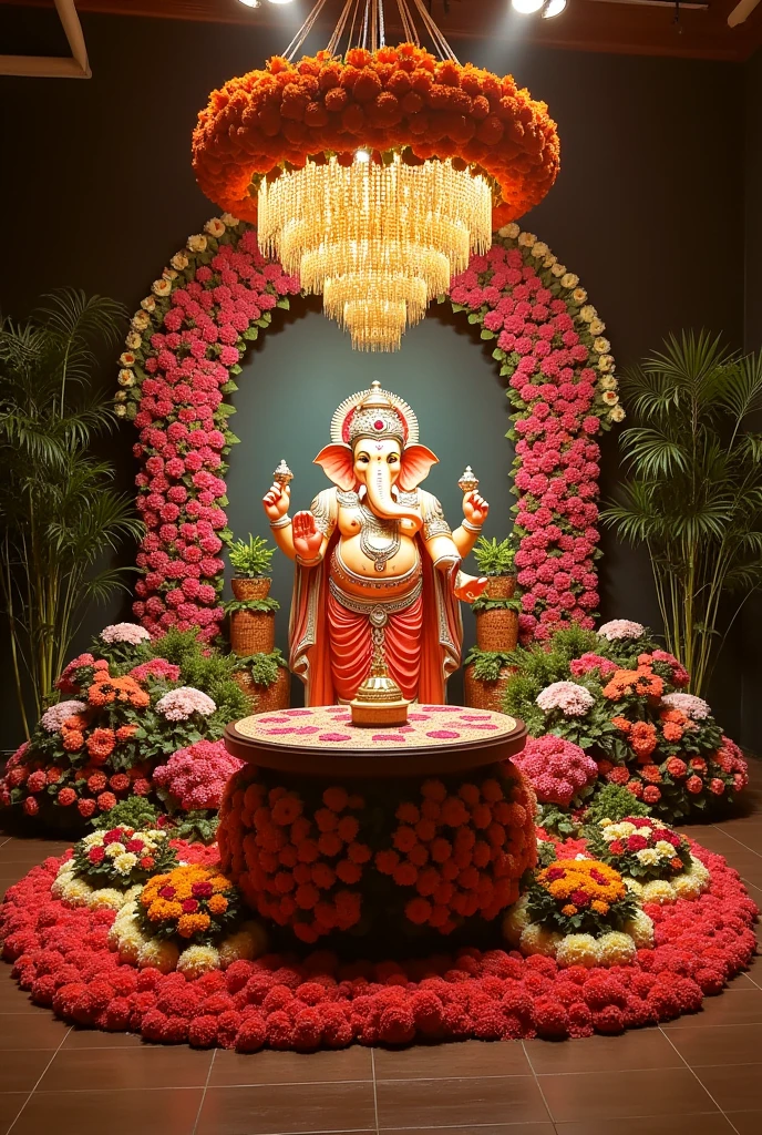 Ganpati decor at home good floral backdrop of 6-7ft with round at top & floral chandelier hanging from top in middle & table in centre of 5ft with ganpati idol & flowers should be indian & roses 
With heavy floral chandelier 