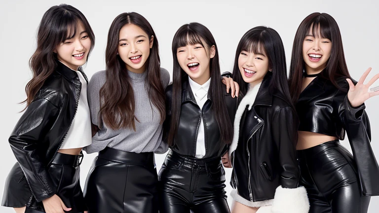 Four beautiful girls、Girls, Black leather pants, Leather jacket with shirt, Long hair with bangs, It was transparent, With leather gloves, Satin robes, Asian, smile, Friendly, Happy, Open your mouth, Sticking out tongue. 