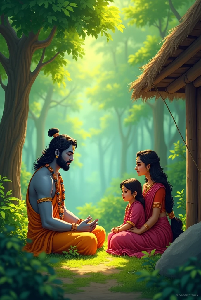 The first scene shows Lord Ram, Sita, and Lakshman in the peaceful forest of Panchvati, sitting together near their simple hut. The environment should be lush and green with large trees and a serene atmosphere.