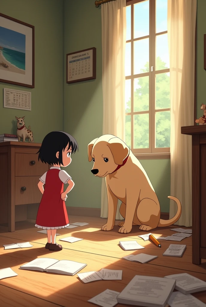 # Ghibli style「借りぐらしのArrietty」Indoor prank scene
## 全体の構図
小人サイズのArriettyが、Standing on the floor of a human house、彼女から見て巨大なdogを怒っている様子。dogは悪戯をした後で、He looks a little apologetic。
## Character 1. Arrietty:
- A small girl in a red dress - with an angry look、両手を腰に当てている
- dogを見上げる姿勢
2. dog:
- 大きな茶色のdog(Like a Labrador Retriever)
- Sit on the floor、Ears lowered slightly, a remorseful expression - traces of mischief tered at the feet(example:Torn books and papers)
## background(Inside a human house)
- Giant looking furniture(table、Chair、Bookshelf)
- The floor is wooden.、Arriettyにとっては広大な平原のよう
- 壁には大きな絵画やカレンダーが見える
- 窓から差し込む柔らかな光
## いたずらの痕跡
- dogの周りに散らばった紙片や本のページ
- 倒れた鉛筆立てと転がる巨大な鉛筆
- 少し離れた場所に、Arriettyサイズの小さな道具(Needles, thread, etc.)