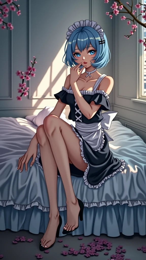 Poster, text, cover, ((poster cover)), ((magazine cover)), masterpiece, superlative, spring dress, colored hair, magazine cover, upper body, 1 girl, maid outfit, light blue short hair, black outfit, maid outfit, bed, exposed shoulders, blue eyes, hairpins, full body, sitting on bed, ((bangs comb on the right))), window, sunlight, (symmetrical eyes) magazine cover, upper body