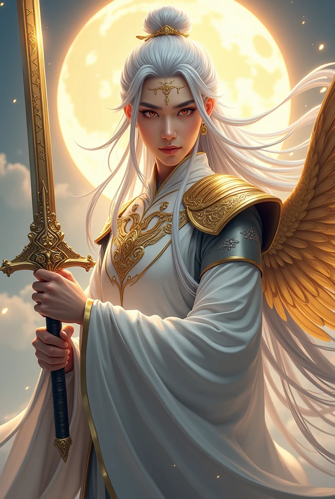 Handsome young xianxia protagonist,man,guy,full body,long silver hair, golden amber eyes combination ,eyes focus detailed((no noice)),(((no noice))),and long silver hair with white undertone,and the golden rune motiv scratched on his forehead((no noice)),use armour featuring like pattern on furr of white Tiger chinese with white dominant color,held star sword,sword wielder extremely detailed,pauldron protective shape like dragon head,breastplate featuring like white Tiger,breastplate detailed white Tiger shape,shoulder protective dragon shape like white Tiger,sun and moon background, white dominant color,white dominant color, white dominant color armour,with majestic silver line , ((no noice))And majestic golden wings at back,wings at back,terrifying aura around,24K ultra hd,face and eyes detail,lips and face detail,masterpiece ,better quality,ultraa realistic face((no noice)),good face proportion,eyes detailed,((perfect face)),perfect eyes ,perfect lips proportion((balance lips)),perfect face proportion,((balance proportion of face)),((balance and perfect left and right eyes proportion)),((masterpiece))