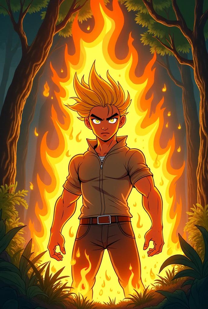 Young man with yellow eyes and yellow hair surrounded by fire, masculine features, in the forest, cartoon character 