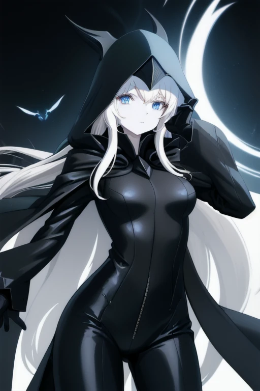 wo-class aircraft carrier, hat, wearing edgCultist_hood, gloves, hair, 1girl, white hair, solo, white skin, black gloves, bodysuit, blue eyes, cape, leather pants, Masterpiece, Best Quality, night