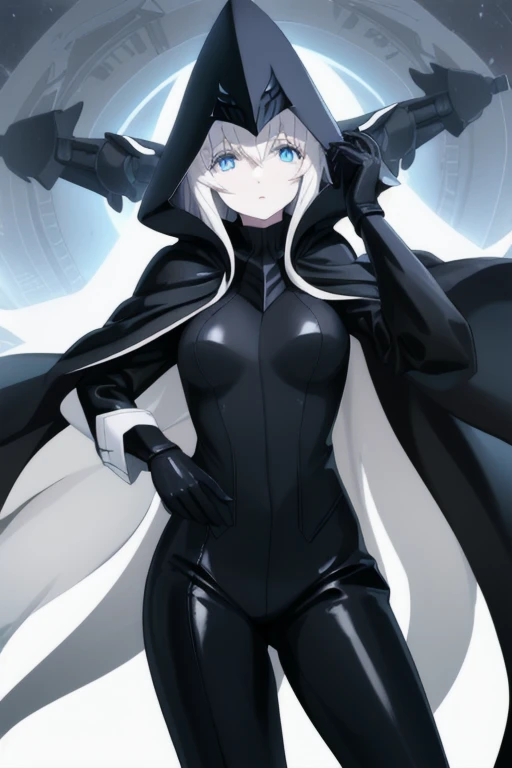 wo-class aircraft carrier, hat, wearing edgCultist_hood, gloves, hair, 1girl, white hair, solo, white skin, black gloves, bodysuit, blue eyes, cape, leather pants, Masterpiece, Best Quality, night
