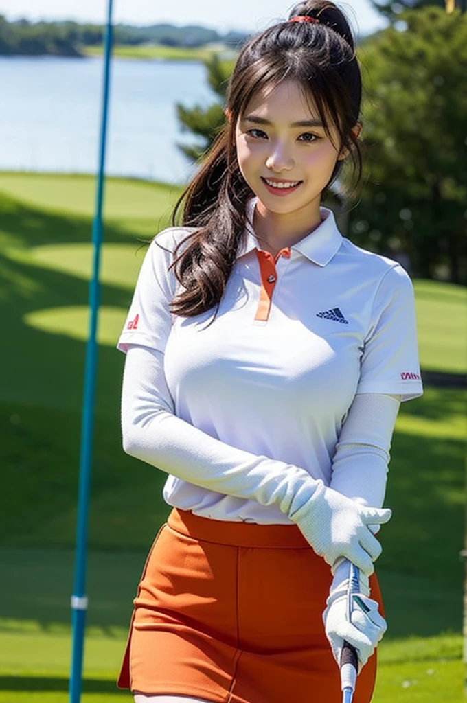 Highly detailed CG Unity 8K wallpapers, With the highest quality, Very detailed, masterpiece, Realistic, Realistic photos, Very detailedかわいい女の子, alone、thin, (タイトなGolf Wear) , (Golf Mini Flare Skirt) , (Wearing golf gloves)、smile , thin body, ((Large Breasts))、Viewers watch, Full Body Shot , Golf course , Sun visor, ponytail,Japanese women、light makeup、Baby Face