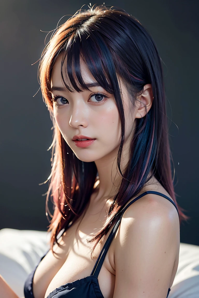 (From the side)、Upper Body、Girl 1、(smile)、(((Hair with a gradient color of red roots and blue tips)))、bangs、Long Hair、See the view、Highest quality、masterpiece、Ultra-high resolution、8k、(Realistic:1.5)、RAW Photos、Perfect body、Big Breasts、Floral tank top、(In the Dark)、Deep Shadow、Discreet keys、(Warm Light)、Sexy look、Grey Sky、Bedroom、Large windows、It&#39;s raining outside the window、(((Lying face down on the bed)))、