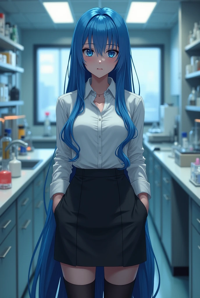 Masterpiece, best quality, High quality, height, 1 girl, alone, water (Konosuba), blue hair, long hair, blue eyes, white shirt ,Long gown, Black office skirt, thigh high, full body, stand, hands in pocket, bored, depth of field, laboratory,Create a realistic image of a lush green forest in spring, with tall trees full of bright green leaves, colorful flowers blooming all over the ground, and warm sunlight filtering through the branches. There are various wild animals such as birds flying in the sky and rabbits hopping in the grass, creating a peaceful and lively atmosphere."