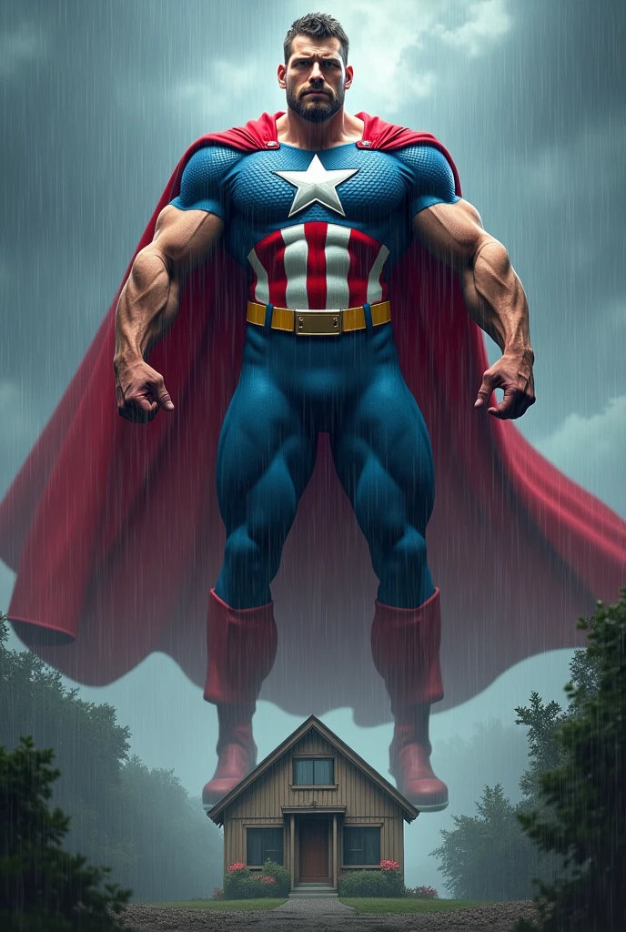 A muscular superhero written on his chest "Captain Americas raincoat" , symbolizing my waterproofing product , floating in the air with his cape, protecting a house from rain