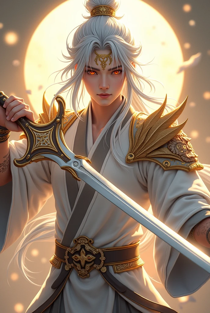 Handsome young xianxia protagonist,man,guy,full body,long silver hair, golden amber eyes combination ,eyes focus detailed((no noice)),(((no noice))),and long silver hair with white undertone,and the golden rune motiv scratched on his forehead((no noice)),use armour featuring like pattern on furr of white Tiger chinese with white dominant color,held star sword,sword wielder extremely detailed,pauldron protective shape like dragon head,breastplate featuring like white Tiger,breastplate detailed white Tiger shape,shoulder protective dragon shape like white Tiger,sun and moon background, white dominant color,white dominant color, white dominant color armour,with majestic silver line , ((no noice))And majestic golden wings at back,wings at back,terrifying aura around,24K ultra hd,face and eyes detail,lips and face detail,masterpiece ,better quality,ultraa realistic face((no noice)),good face proportion,eyes detailed,((perfect face)),perfect eyes ,perfect lips proportion((balance lips)),perfect face proportion,((balance proportion of face)),((balance and perfect left and right eyes proportion)),((masterpiece))
