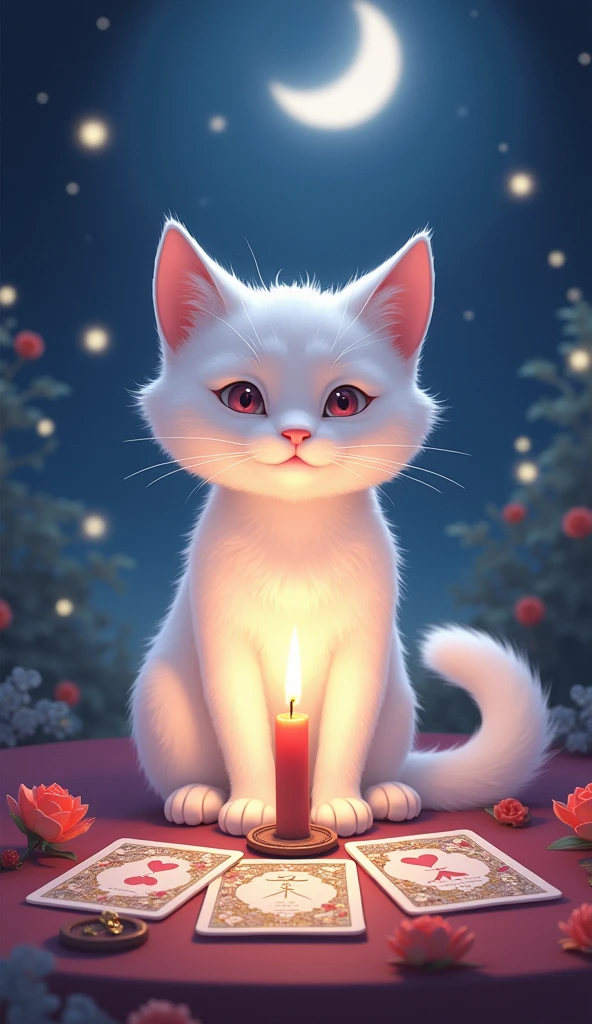 A beautiful white cat enjoying tarot readings in this fantastic anime-style video、Fantasy Romantic、Moonlight background、star、Candle