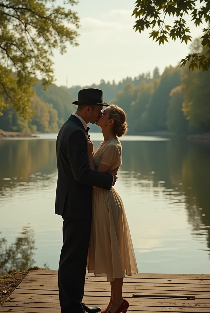 A man and a woman in 1930s clothing kissing by a lake, leave the image the size for youtube