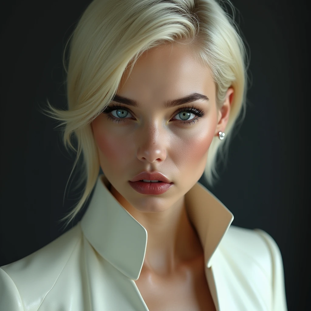 An adult female face that looks down on you and makes fun of you to your face., 20 years old, Unparalleled beauty, rich people, celebrity, arrogance, contemptuous, cruelty, Fine, clear, white skin without wrinkles or blemishes, Blonde, short hair, pixie cut, Forehead, arched, thin and light eyebrows, loose double eyelids, clear, reflective blue eyes, A straight, high nose, well-proportioned nostrils, dark lipstick, A clean and thin line from cheeks to chin, Shiny pearl white fashionable enamel suit with large open collars