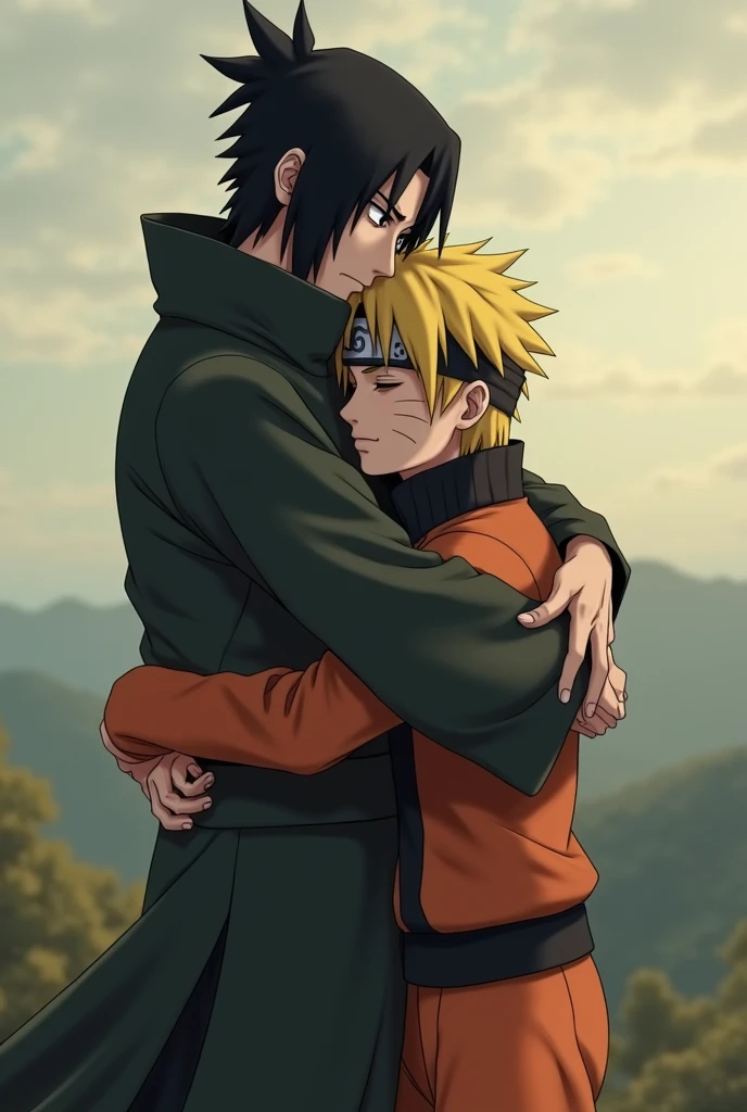 Sasuke back hugging Naruto 