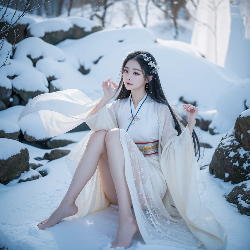 Best image quality，Very detailed，Very high resolution，Perfect body proportions，Works of top photographers。Beautiful Hanfu girl，Long eyelashes，big eyes，Shining eyes，Eye bags，Full lips，Small nose，Happy expression，Sweet，Exquisite makeup，full-body shot，snow White, The legs are thin and straight，Snow-white skin，White embroidered skirt，neckLace，Showing long legs，Lace，Sweet，Long hair flying，best quality，masterpiece，，Imagine，Seven-part shooting model: Hanfu, CFG scale: 7, Lola: Future Fashion(0.4)、rainbow(0.4)、Martial Arts(0.2)、Asian face woman-2(0.4)、Poetic fairy tale(0.01)