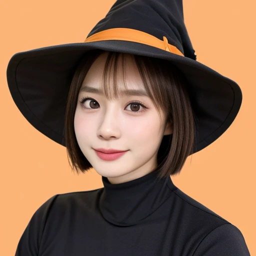 (kawaii 24 year-old Japanese girl, Nogizaka idol, Korean idol), healthy female athlete body, (glossy brown hair, short hair, pixie cut, bangs:1.3), (rounded face, beautiful black eyes, single eyelid, no makeup:1.2), (looking at viewer, soft smiling), (wearing witch's hat, long sleeved witch's costume:1.3), perfect shaped extra small breasts, BREAK, (lodge background, halloween pumpkin on back:1.2), (dynamic angle, bust shot:1.3), BREAK, (masterpiece, best quality, photo realistic, official art:1.4), (UHD, 8K quality wallpaper, high resolution, raw photo, golden ratio:1.3), (shiny skin), professional lighting, physically based rendering, award winning, (highly detailed skin, extremely detailed face and eyes, anatomically correct), Carl Zeiss 85 mm F/1.4, depth of field, 1girl, solo,