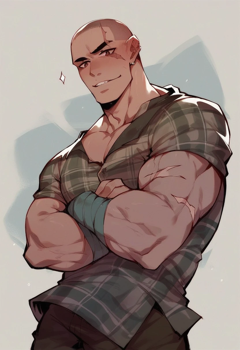1 boy, white, shaved head, scarred face, strong physique, his appearance is similar to the protagonist of Bully from Rockstar Games, especially with plaid clothes