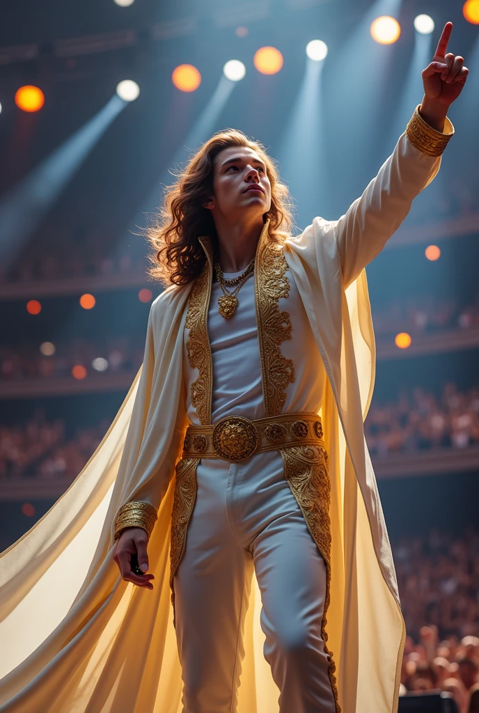 artwork best quality handsome american male teenager long brown hair light skin with white cape and hooded coat on head with gold details white long sleeve shirt and white pants underneath intricate details singing holding a microphone seen from afar pointing up high a concert with details uhq 8k details