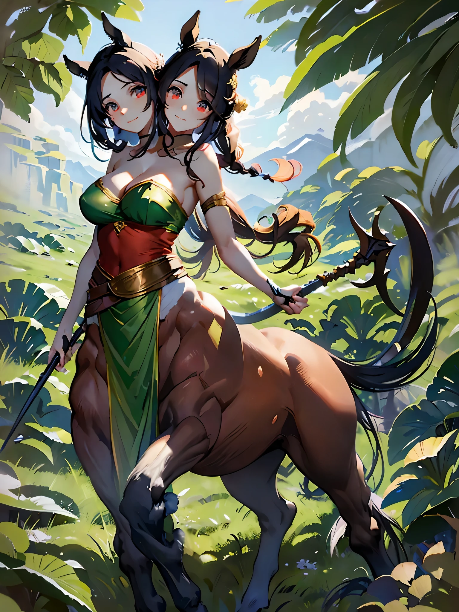 In the beautiful illustration of this super-grand scene，The ultra-distant lens shows us（More than eight distinctive and beautiful Centaur characters：2.7），Their personality、Distinctive and vivid features。from（A radiant, angelic, snow-white centaur from heaven：1.1），arrive（Nightmare-like fiery red centaur surrounded by flames：1.1）、再arrive（Green Centaur, the wind fairy dancing in the air：1.1）、再arrive有（One-horned blue centaur surrounded by lightning：1.1），arrive（A mechanical-style mecha Centaur shining with metallic light：1.1）、再arrive（A powerful dragon-shaped centaur wearing colorful dragon scale leather：1.1）、再arrive（A slender elven centaur that is graceful and agile：1.1）Gracefully wears a flower crown、arrive（Enchanting and charming Tiflin centaurs：1.1）、再arrive（A succubus centaur with an indescribably sexy feeling：1.1）。Each Centaur character fully demonstrates his unique style。The illustration uses advanced artistic techniques and tools，Use nesting、Weaving、Splicing、perspective、interlude、Montage and other artistic techniques，Divide the scene into sections by geometric arrangement，Each part corresponds to a role，from而更有效地利用了空间，Make eight centaurs exist in one picture at the same time，（The style tends to be grotesque、Hayao Miyazaki、Aesthetic、indescribable：3.3）。Through Midjourney's advanced brush tools、Color palette、Material packs和模型包、Texture tools，For each centaur, beautiful props are designed to increase racial characteristics、Clothing and physical features，Enhances the character's personality and visual appeal，（Stunning landscapes in illustrations，There are changing skies、rainbow、aurora、Stars and Moon，Incorporating iconic landmarks such as Mount Everest，and fireworks、Tranquil Lake、Natural and urban elements of waves and neon lights，Creates a magical atmosphere：1.5），Centaurs demonstrate their unique abilities and equipment in a variety of environments，This is true even in extreme alien landscapes。Use Midjourney's tools、Material packs、Texture tools、The color palette makes depicting details vivid and realistic，from复杂的发型和以及不同的种族特质、Body、Appearance features、服装arrive真实的纹理，Greatly improved the realism of the Centaurs and their surroundings，The fusion of multiple art styles adds dynamism to the character&#39;s movement at all angles，The overall visual experience is further enriched。The final illustration was described as a "masterpiece"，It has the characteristics of "best quality" and "realistic"，The details put into the creative process are shown、Level of creativity and craftsmanship。 hdr，（Reality，Masterpiece quality，Best quality）