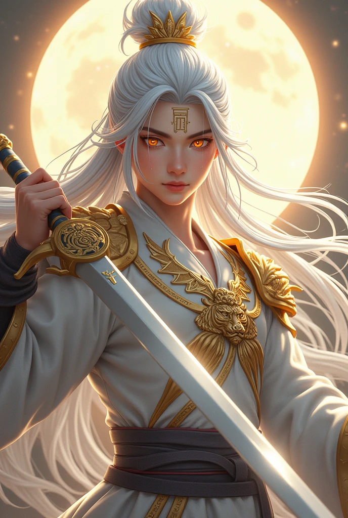 Handsome young xianxia protagonist,man,guy,full body,long silver hair, golden amber eyes combination ,eyes focus detailed((no noice)),(((no noice))),and long silver hair with white undertone,and the golden rune motiv scratched on his forehead((no noice)),use armour featuring like pattern on furr of white Tiger chinese with white dominant color,held star sword,sword wielder extremely detailed,pauldron protective shape like dragon head,breastplate featuring like white Tiger,breastplate detailed white Tiger shape,shoulder protective dragon shape like white Tiger,sun and moon background, white dominant color,white dominant color, white dominant color armour,with majestic silver line , ((no noice))And majestic golden wings at back,wings at back,terrifying aura around,24K ultra hd,face and eyes detail,lips and face detail,masterpiece ,better quality,ultraa realistic face((no noice)),good face proportion,eyes detailed,((perfect face)),perfect eyes ,perfect lips proportion((balance lips)),perfect face proportion,((balance proportion of face)),((balance and perfect left and right eyes proportion)),((masterpiece))