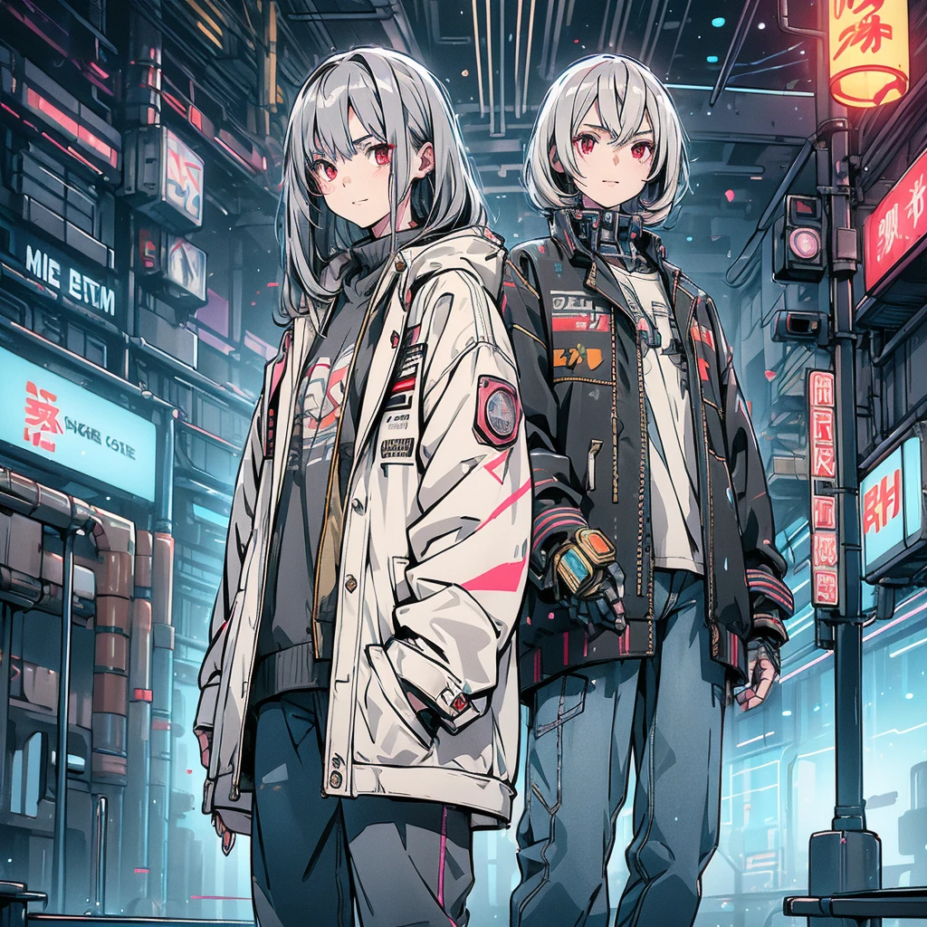 One girl, , slim, Small breasts, Gray Hair, Hair between the eyes, Shoulder-length hair, Pale skin, Bright red eyes:1.3, White duffle coat and long-sleeved black sweater, Open jacket, jeans, A gold pocket watch hung around his neck, break kawaii, smile, Cowboy Shot, Pause, (cyber punk:1.3), city, Neon Light, (Light Particles:1.3), break detailed face, Smooth Skin, Cinema Lighting, Volumetric Shadows, break 3D CG illustration, score_9, score_8_superior, score_7_superior, (masterpiece:1.2), (Highest quality:1.2), (so beautiful:1.2), (Absurd:1.2), (Detailed Background), up to date, (Complex:1.2), AI-generated, break
