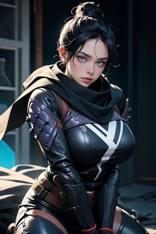 photo by full body, wraith (apex legends), huge boobies, athletic body, 1 girl, solo, hair bun simples, hair bun, scarf,  Bblack hair, black scarf, blue colored eyes, bangss, bangss distributed, Hair behind the ear, mitts, piercing no nariz, mitts pretas, High detail, alta qualidade, melhor qualidade, 1080P, 16k, realista, 8k, Cinema 4D, Artgerm extremamente detalhado, [ Arte Digital 4K ]