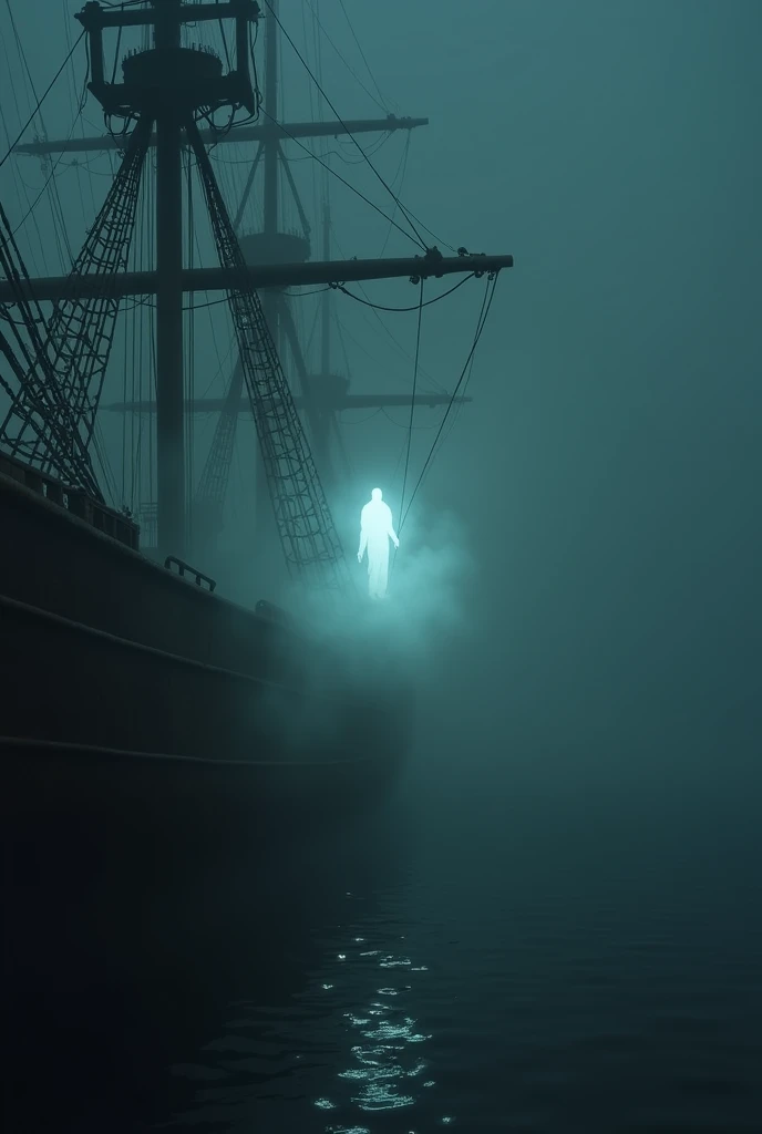 Ghost encounter in ship in night with a dark misty background