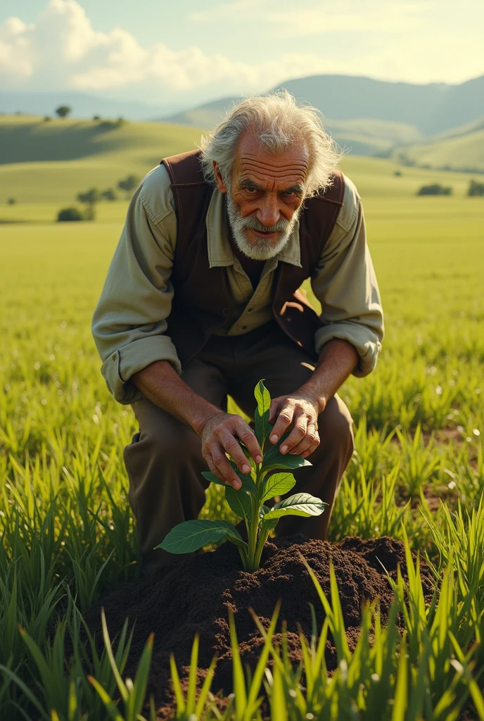 A oldman planting a plant in a field
