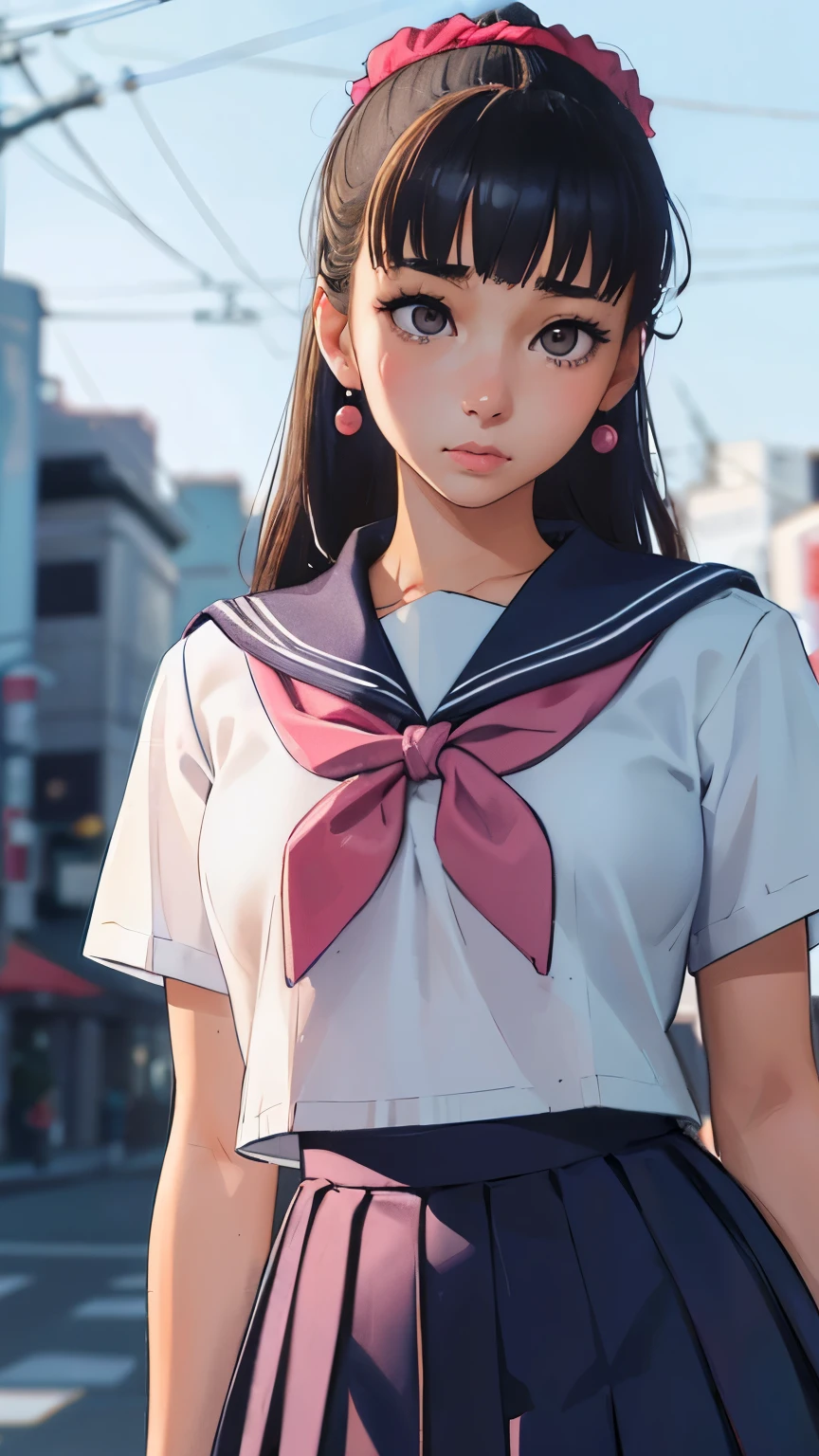 High school girl in Shibuya, Japan, gal, uniform, sailor outfit, navy blue pleated skirt, pink light blue scrunchie, earrings, highest quality, highest resolution, detailed depiction, delicate depiction, diverse lighting, majestic expression, viewer's gaze, reality watercolor painting, photorealistic, detailed background, delicately drawn, strong luster, faithful depiction to reality, highest quality, masterpiece, pleated skirt pulled up, ultra-high resolution, 8K, white cotton undergarment, perfect beauty,