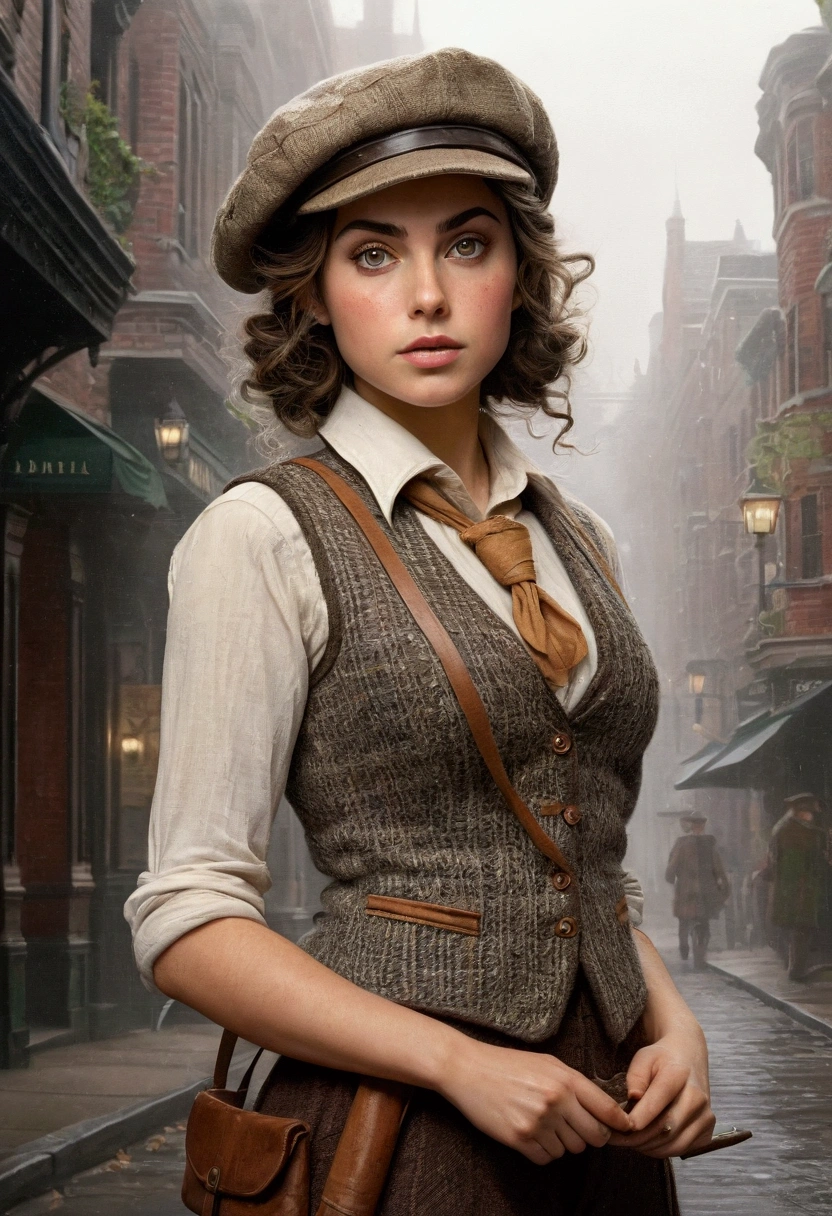 An illustrated movie poster, hand-drawn, full color, an elven maiden, wearing a tweed vest and a newsie cap, tall, toned, amazonian stature, athletic hourglass figure, busty bosom, narrow waist, wide hips, thick thighs, big butt, long pointy elf ears, amber eyes, dark hair, curly bob cut, warm almond skintone, freckles, resembles Ana De Armas, standing on a foggy Victorian-era street corner, graphite shading, stencil marks, airbrushed acrylic paint, masterpiece, elf ears