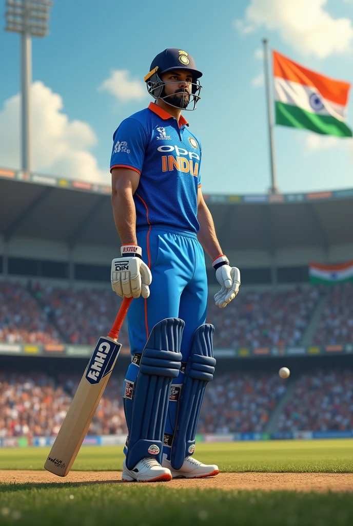 Virat Kohli holding cricket bat while ball coming towards him and big crowd in background in stadium waving Indian flag