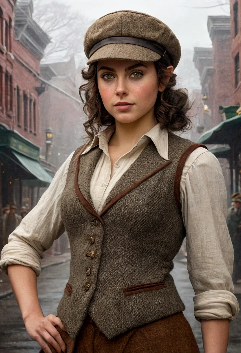 An illustrated movie poster, hand-drawn, full color, an elven maiden, wearing a tweed vest and a newsie cap, tall, toned, amazonian stature, athletic hourglass figure, busty bosom, narrow waist, wide hips, thick thighs, big butt, long pointy elf ears, amber eyes, dark hair, curly bob cut, warm almond skintone, freckles, resembles Ana De Armas, standing on a foggy Victorian-era street corner, graphite shading, stencil marks, airbrushed acrylic paint, masterpiece, elf ears