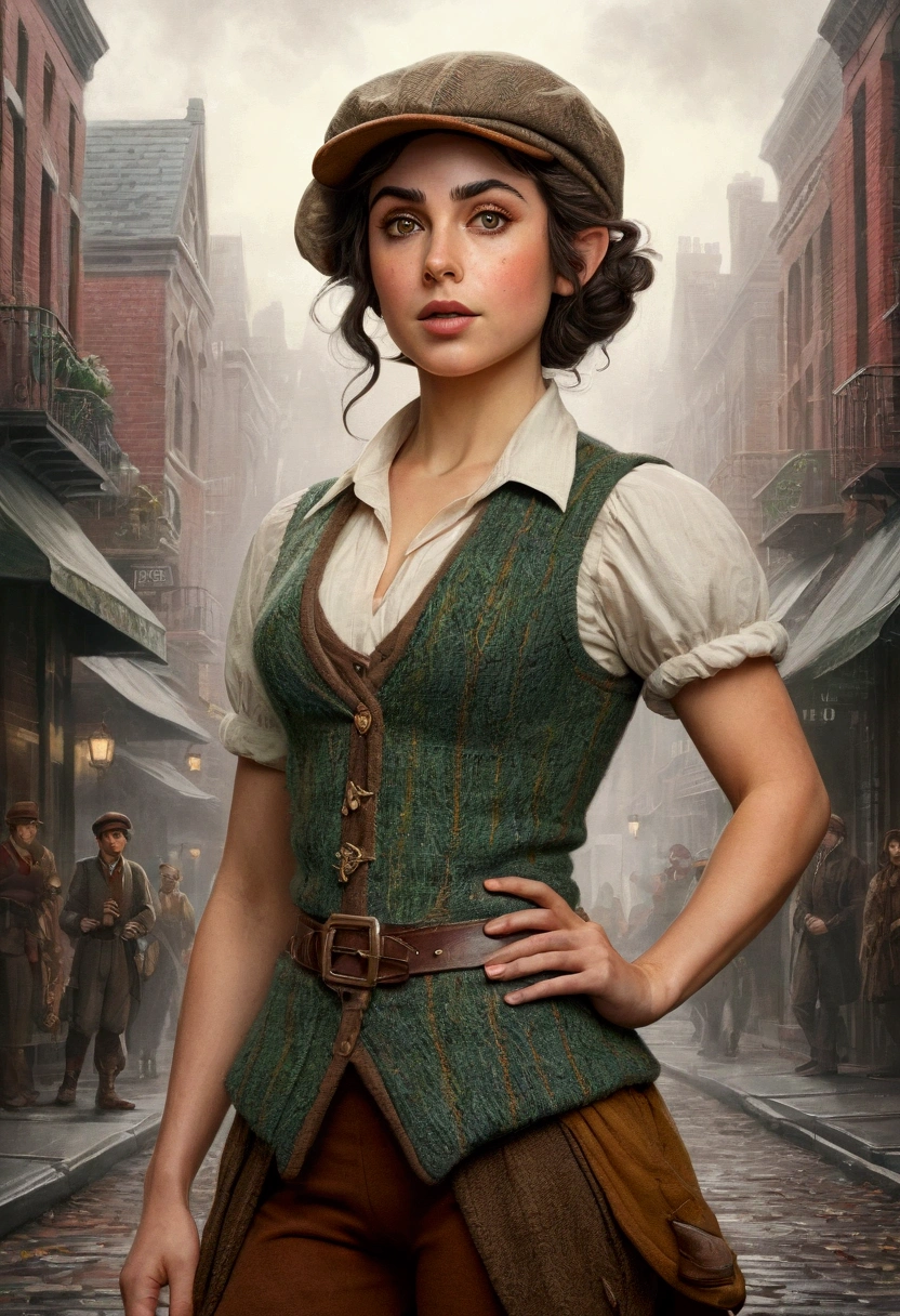 An illustrated movie poster, hand-drawn, full color, an elven maiden, wearing a tweed vest and a newsie cap, tall, toned, amazonian stature, athletic hourglass figure, busty bosom, narrow waist, wide hips, thick thighs, big butt, long pointy elf ears, amber eyes, dark hair, curly bob cut, warm almond skintone, freckles, resembles Ana De Armas, standing on a foggy Victorian-era street corner, graphite shading, stencil marks, airbrushed acrylic paint, masterpiece, elf ears