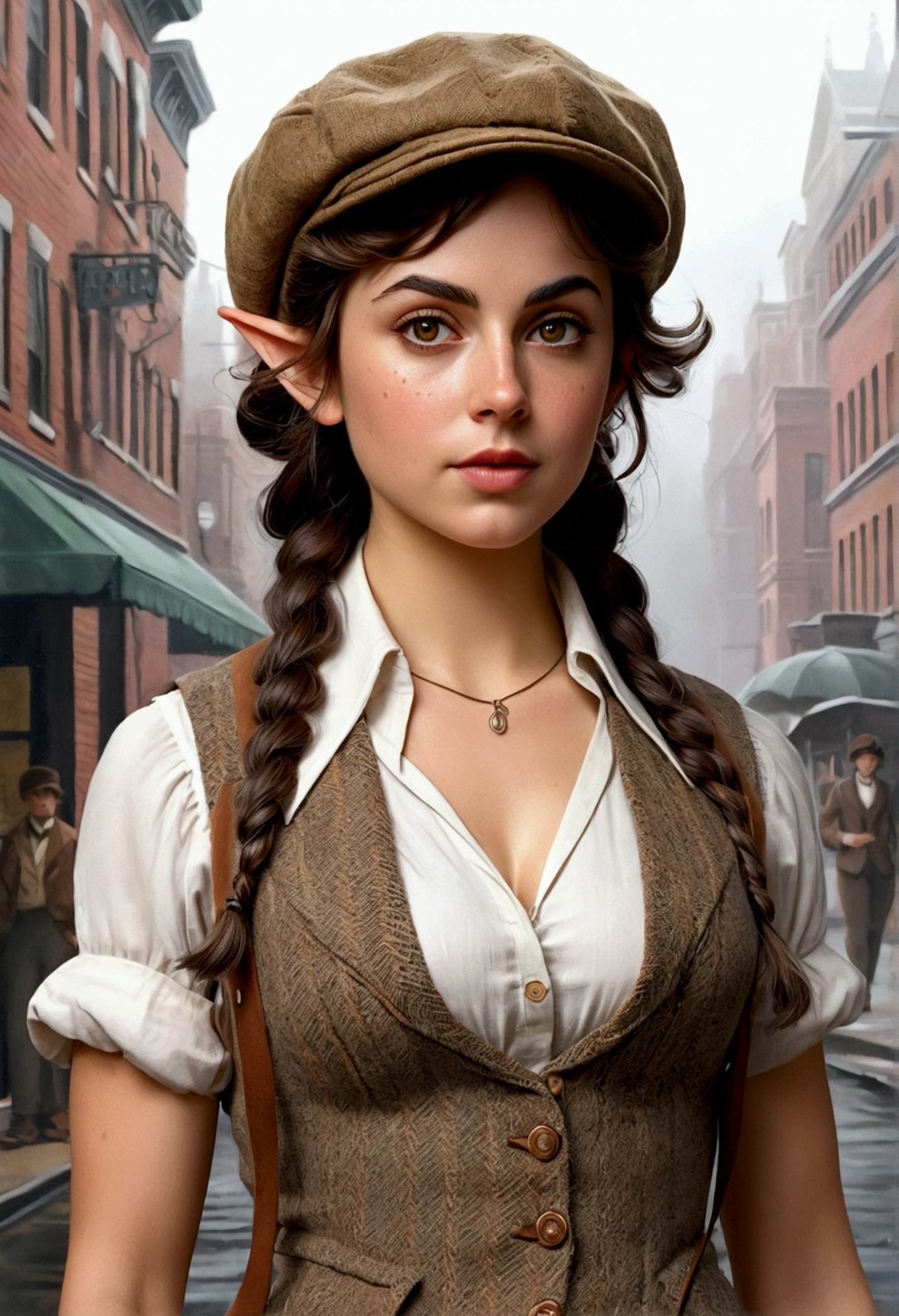 An illustrated movie poster, hand-drawn, full color, an elven maiden, wearing a tweed vest and a newsie cap, tall, toned, amazonian stature, athletic hourglass figure, busty bosom, narrow waist, wide hips, thick thighs, big butt, long pointy elf ears, amber eyes, dark hair, curly bob cut, warm almond skintone, freckles, resembles Ana De Armas, standing on a foggy Victorian-era street corner, graphite shading, stencil marks, airbrushed acrylic paint, masterpiece, elf ears