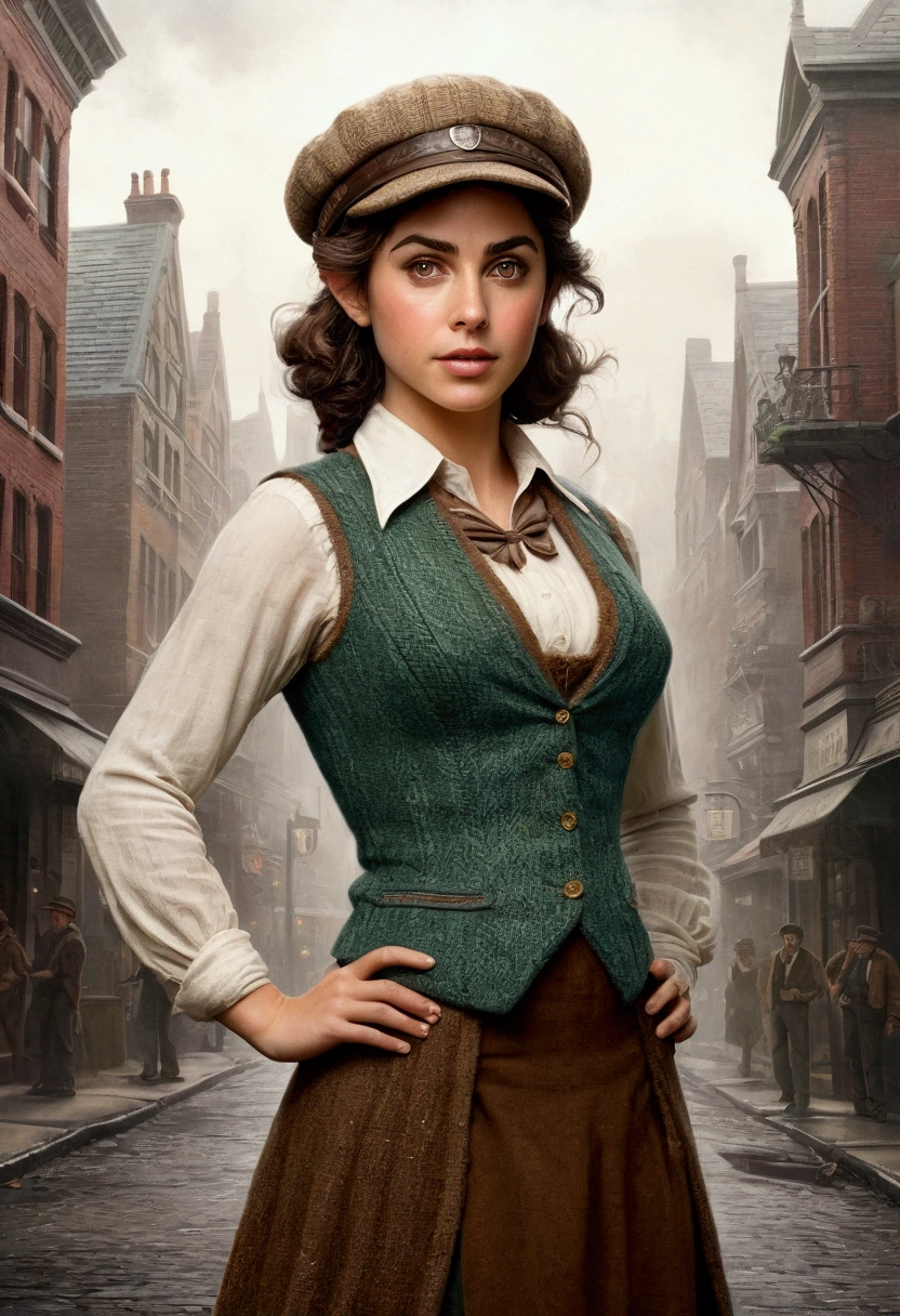 An illustrated movie poster, hand-drawn, full color, an elven maiden, wearing a tweed vest and a newsie cap, tall, toned, amazonian stature, athletic hourglass figure, busty bosom, narrow waist, wide hips, thick thighs, big butt, long pointy elf ears, amber eyes, dark hair, curly bob cut, warm almond skintone, freckles, resembles Ana De Armas, standing on a foggy Victorian-era street corner, graphite shading, stencil marks, airbrushed acrylic paint, masterpiece, elf ears