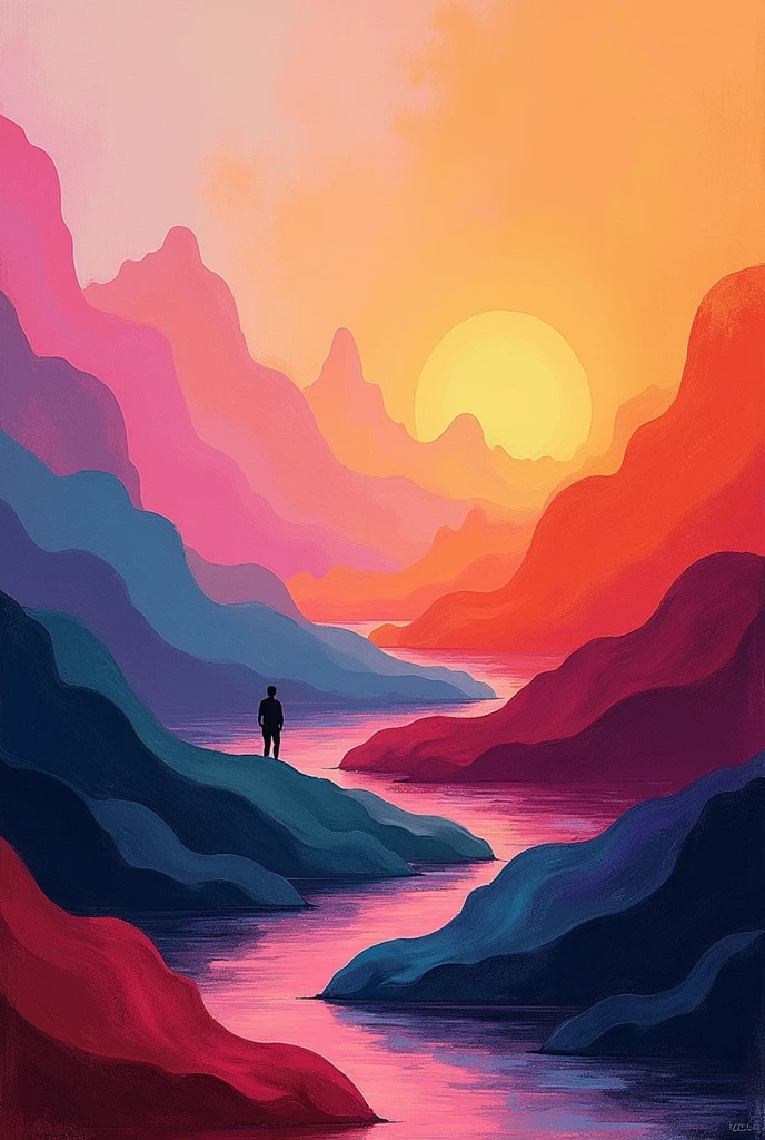 An abstract landscape art having colors orange , purple , blue , pink , black , red , grey , movie poster