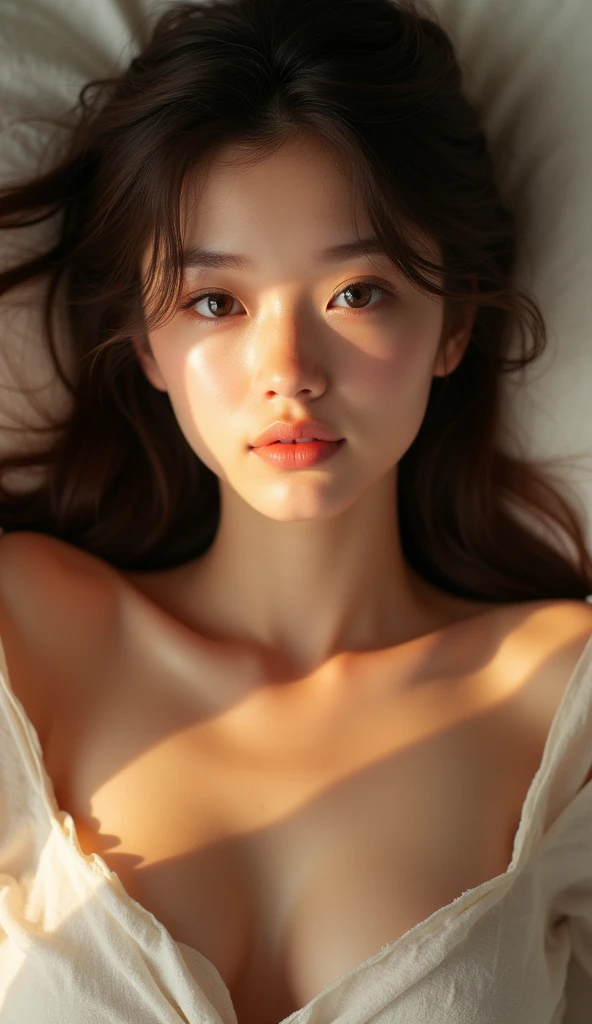 RAW photo, 1 young girl, kawaii, Brown eyes, unique, Individual, Distinctive face, extremely detailed eyes and face, Fair skin, No clothes, Cute, Beautiful breasts, torso, (Best quality, Highly detailed:1.2) High definition raw color photos, Professional photography, Realistic portrait, Sunset shining through the window, Breathtaking beauty, Lying in bed, From above