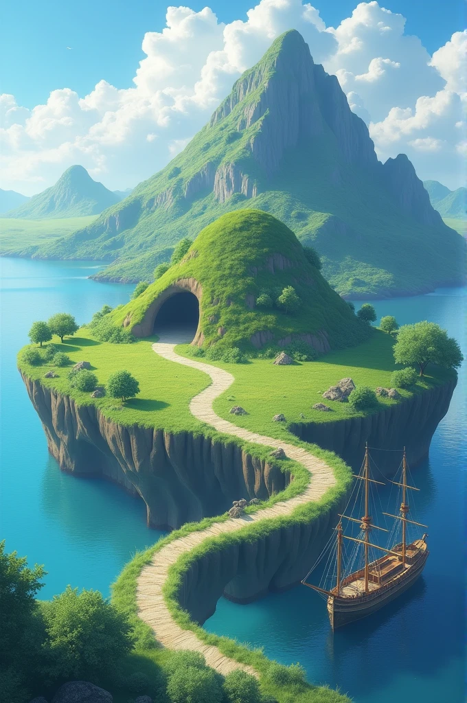 A central circle representing an island, a ship in the lower right corner, a path that leads from the boat to the island, a mountain at the top right, and a cave on the island.