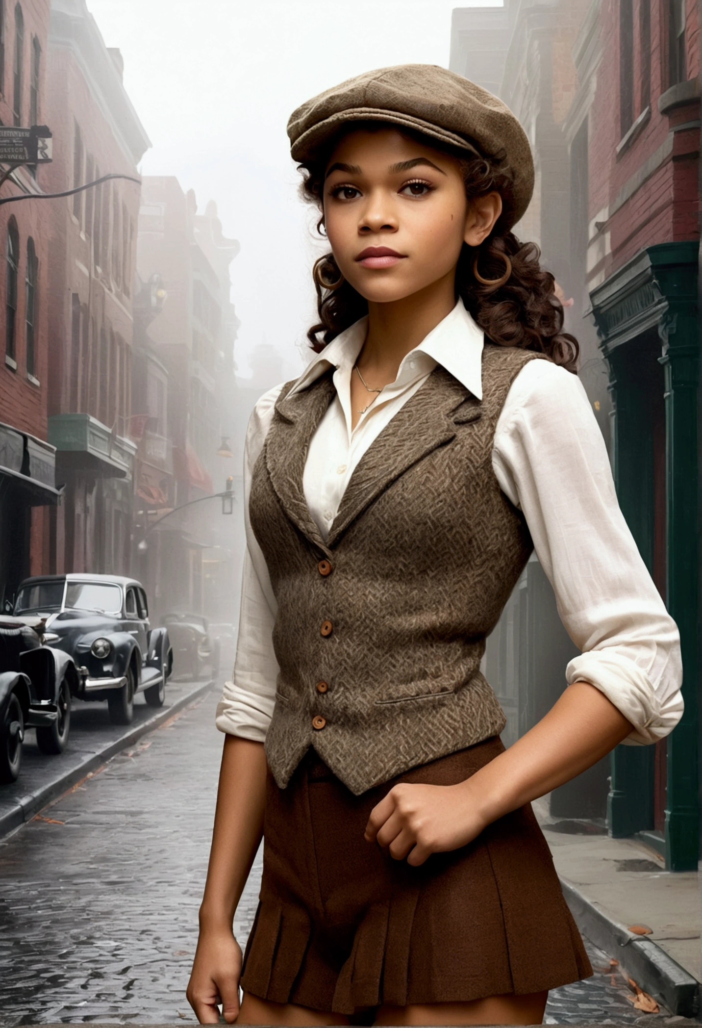 An illustrated movie poster, hand-drawn, full color, an elven maiden, wearing a tweed vest and a newsie cap, tall, toned, amazonian stature, athletic hourglass figure, busty bosom, narrow waist, wide hips, thick thighs, big butt, long pointy elf ears, amber eyes, dark hair, curly bob cut, warm almond skintone, freckles, resembles Zendaya, standing on a foggy Victorian-era street corner, graphite shading, stencil marks, airbrushed acrylic paint, masterpiece, elf ears