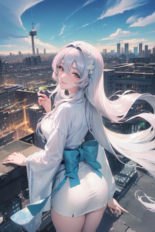 Official Art, masterpiece, Clear focus, (Beautiful, gorgeous and lovely Korean woman:1.3), (Beautiful and cute Korean:1.3), Korean beauty, Exquisite and beautiful hair、Eyes and face, Practical, Extremely detailed, beautiful girl, Blue sky, Glowing white particles, (Side Light:1.2), Sunlight, White Cloud, Detailed clouds, slim, Very cute big  and big butt, Smile with teeth bared, ((Smile with your eyes, Open your eyes)), landscape, Long and straight hair, Sexy，architecture, (city View:1.7), Dynamic Hair, very Long and straight hair, Detailed platinum silver hair, Green eyes, Short pink skirt, White socks, Pale skin, Hair accessories, epic landscape,Skirt lifted up