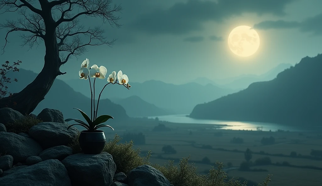 Countryside view，Mid-Autumn Festival night，Full Moon Landscape，The sky is clear at night，Realistic landscape photography of cliff side on top of a rural hill，Professional high-quality nature digital photography，Broad field of view，country scenery，Bushes in the moonlight，Cliffside moonlight 1 white Phalaenopsis orchid，Clear and transparent lake water，Boulders，cobblestones，A majestic，Yamakawa，dead tree，falling leaf，Simple and beautiful，Minimalist，black andwhite+Cyan dark+Dull yellow tones，Beautiful skies，The vision is hazy，Nightmare vision，Dark fantasy plot，perfect compositions，hyper HD，8K resolution，the detail，Rain trails，dampness，water stain，Ultra-wide-angle long-range shooting，Jack Guzman's environmental art photography，realisticlying，cinematic compositions，Volumetriclighting，vividness, A detailed, stunning skies, Colorful clouds float，true to life, Pubic area is clear, flawless perfection, Digital SLR, 16K, 1024, 2048, 4096, A detailed, Sharp, best qualtiy, high qulity, absurderes，unmanned background，The is very detailed、Detailed lighting shadows，Trends on ArtStation、iintricate、high detal、dramatics、Midjourney Art，hdr shot。（Faraway view，Super deep view，ultra-wide-angle，Microfocal length lens：1.2）（realisticlying：1.4）tmasterpiece、high high quality、Beautiful photography