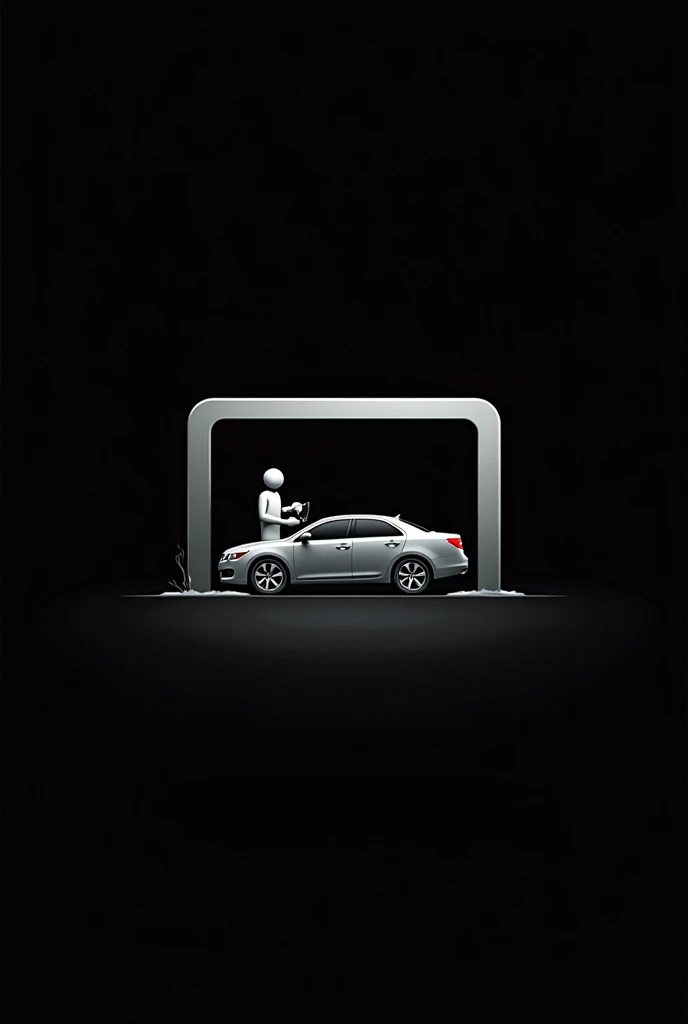 Draw a rectangular and 2D logo. The background color is black and inside there is a person washing a gray car.. Minimalist style. At the top it says “EL ZURDO AUTOWASH”