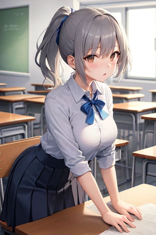 ((Highest quality)), ((masterpiece)), (detailed), One girl, Side angle、Expand the upper body、View your viewers、Medium breast、school uniform、Gray Hair、White shirt、Button is open、Blue ribbon、Tilting the body forward、high school girl、classroom、Desk and chair、Sit on a chair、Bend your elbows、Gray Hair、ponytail、Brown eyes、Medium breast、Put your chest on the desk