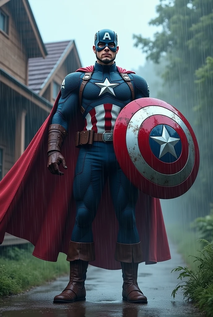 captain America , symbolizing my waterproofing product , floating in the air with his cape, protecting a house from rain with a shield