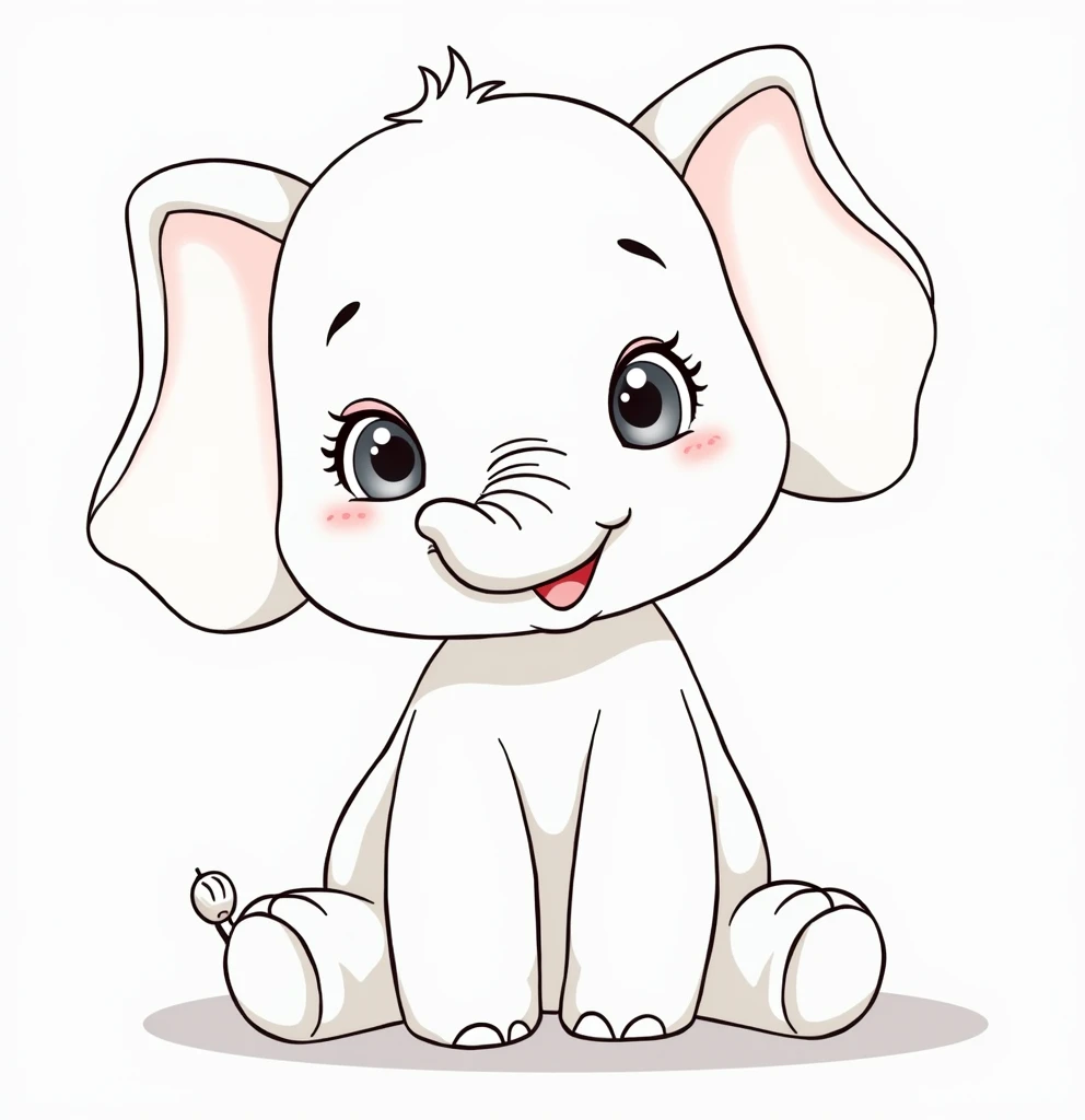 Cute little elephant in dark blue color, sitting on the ground, crossing his trunk and waving, in a simple flat cartoon style with white background and no shadows. This cute grey baby elephant has grey color, pink ears and eyes, and smiling facial expression showing small teeth. The artwork has soft lines and smooth edges in a cartoon animal illustration style with a simple design, vector file format, high resolution and professional quality.