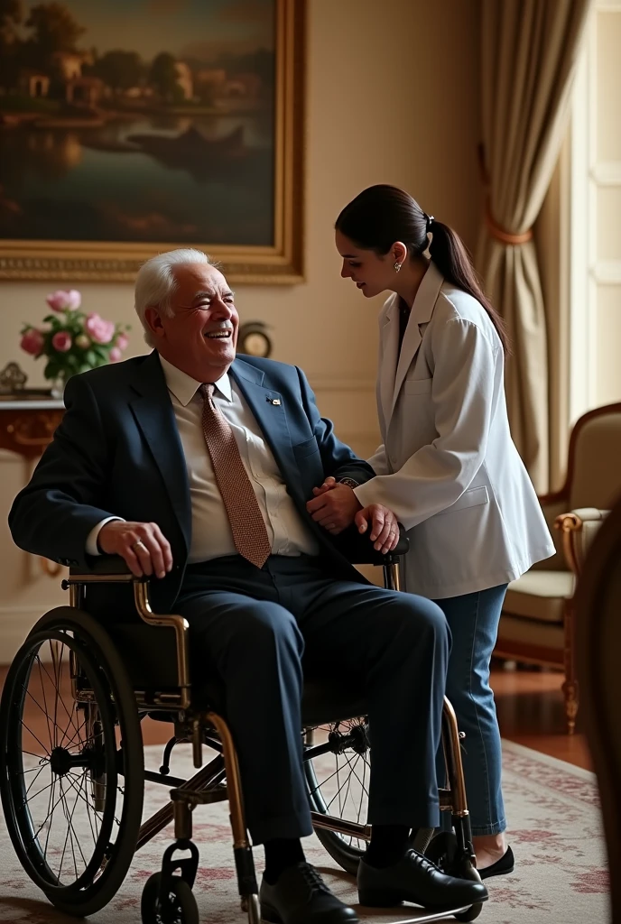 A millionaire man in a wheelchair and a female caregiver in front of him
