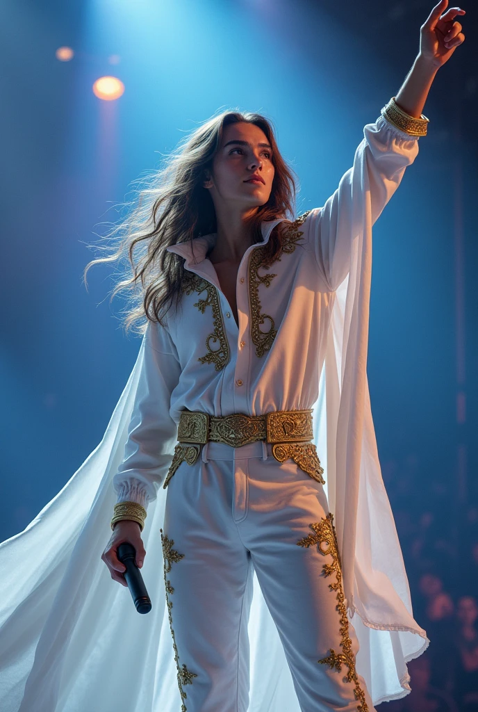 artwork best quality handsome american male teenager long brown hair light skin with white cape and hooded coat on head with gold details white long sleeve shirt and white pants underneath intricate details singing holding a microphone seen from afar pointing upwards a concert with details uhq 8k details