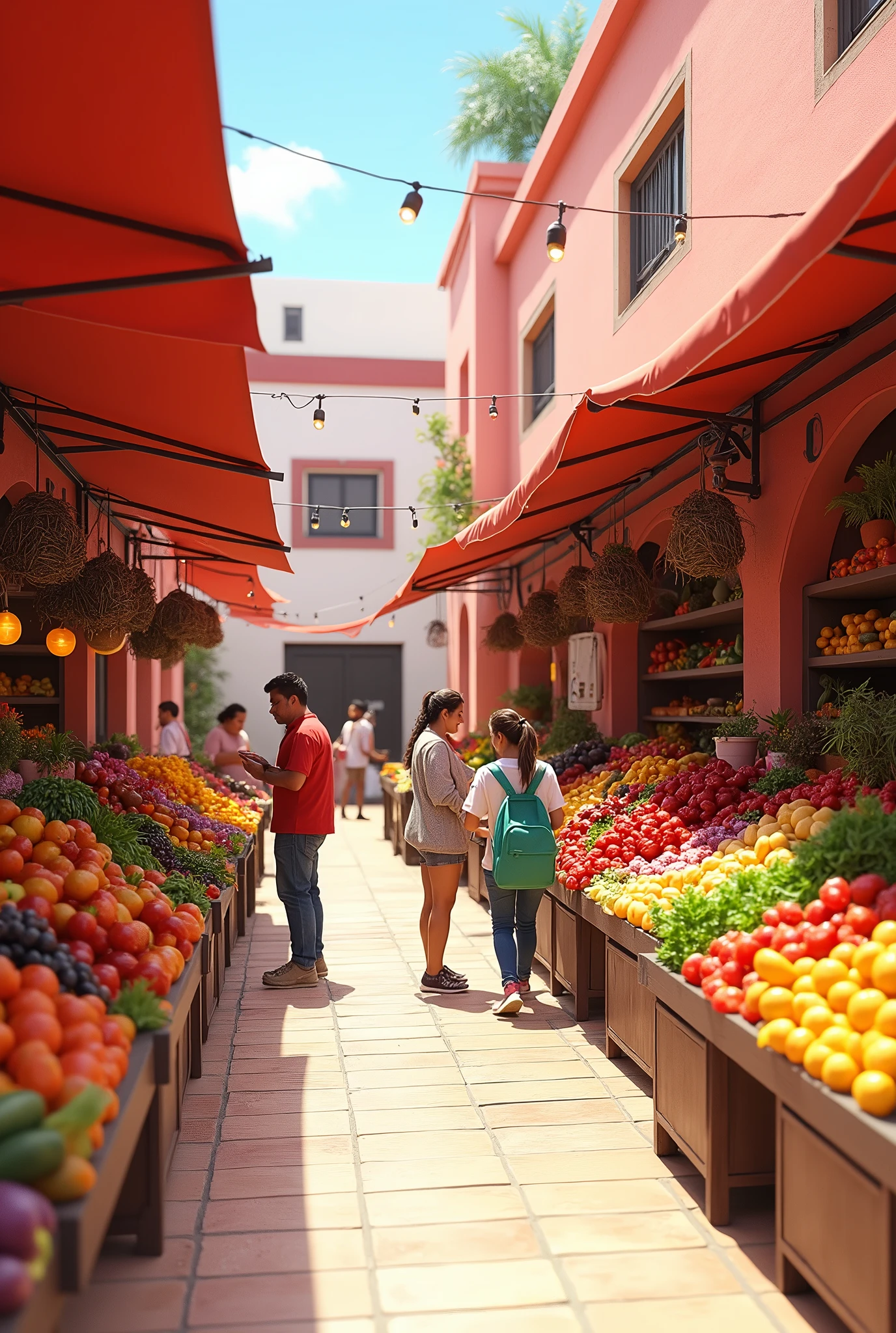 Local comercial, sale of fruits and vegetables, within the market, dimensions of 4x6 meters, modern mexican style, pink quarry facade in light tones, warm light, buyers inside.